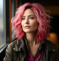 Naklejka premium Portrait photograph, a woman, fuchsia hair, 45 years old, stares into the distance, surrounded by a plain-colored background. Vibrant colors striking are masterfully captured