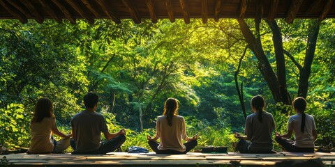 A peaceful view of a group meditating under a canopy of trees, capturing the essence of forest bathing.