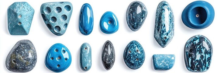 A Collection of Blue and Gray Rock Climbing Holds