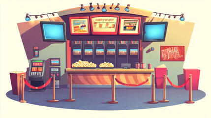 Cinema interior with cashbox and counter with popcorn. Vector cartoon set of furniture in movie theater, tickets and snack shop, film posters and red rope fence isolated on white background