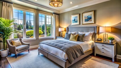 Modern Guest Bedroom in a Stylish Townhouse with Contemporary Decor, Cozy Bed, Natural Light, and Elegant Touches for a Relaxing Retreat Experience