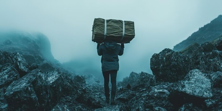 A person carrying a heavy load up a mountain, representing the challenge and weight of responsibility.