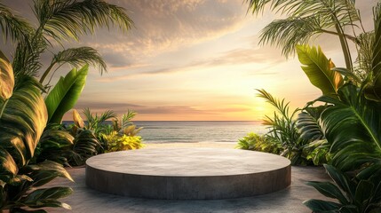 Fototapeta premium A serene outdoor setting with a circular platform overlooking the ocean at sunset.
