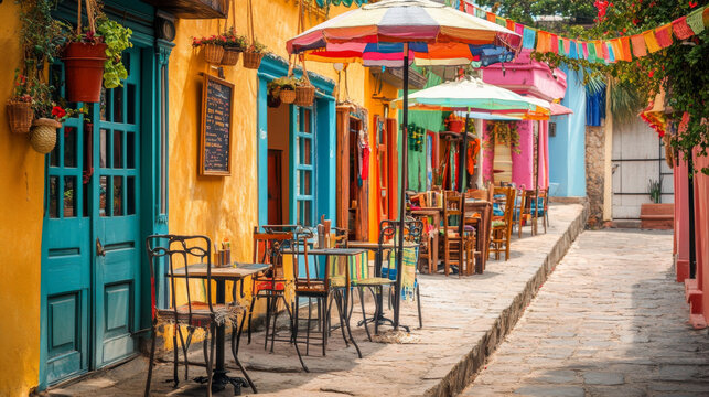 Fototapeta Mexican street cafe. Vector cartoon illustration of traditional cuisine restaurant with tables and chairs under umbrellas, sombrero and color ribbons decoration, shop facades with doors and windows