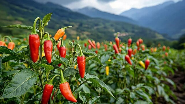 Chili pepper bushes in the mountains at sunset.
