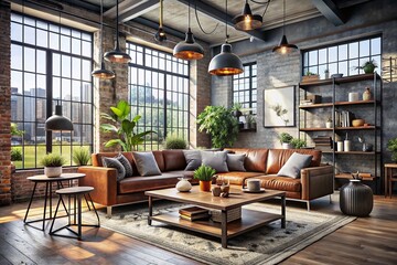 Fototapeta premium Modern Interior Mockup in an Urban Exploration Setting Featuring Stylish Furniture, Industrial Decor, and Natural Light for Interior Design Inspiration