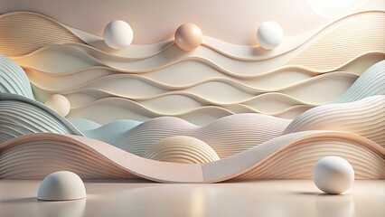 Abstract Wavy Landscape with Pastel Spheres and Smooth Curves
