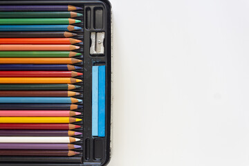 Colorful Pencils Set in Black Pencil Case Top View