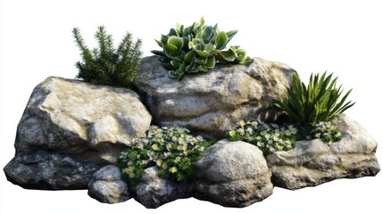 3D Rendered Landscape with Isolated Rock and Grass Compositions on Transparent Backgrounds for Adobe Stock