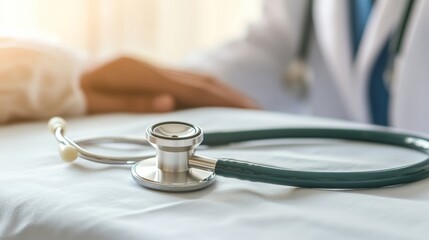 A close-up of a stethoscope resting on a patient&rsquo;s chest in a clean hospital room, focusing on the medical examination process, Minimalist style
