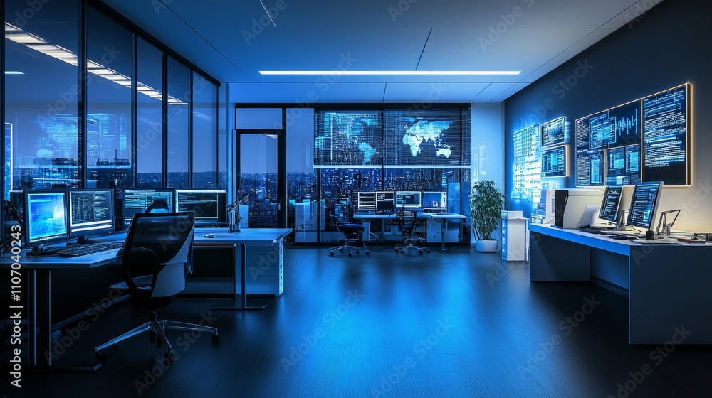 Poster modern office space with technology displays and a city view, designed for data analysis and monitor
