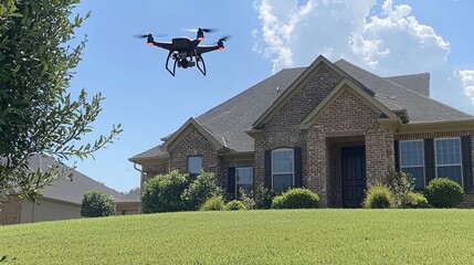 Fototapeta premium Drone Flying Over a Suburban Home with Green Grass and Blue Sky