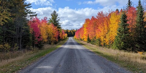 Obraz premium A Winding Gravel Road Through a Forest of Vibrant Autumn Colors