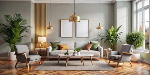 Fototapeta premium Modern Living Room with Empty White Poster Mockup, Cozy Couch, Elegant Chairs, and Stylish Wall Art for Stunning Interior Design Inspiration