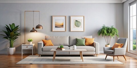 Fototapeta premium Modern Living Room with Mockup Poster, Couch, and Desk - Realistic Interior Design for Card Art Image in a Bright, Inviting Space