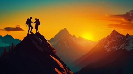 Assisting a Friend to Reach the Mountain Summit: Hiker Illustration