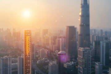 Fototapeta premium Urban Heat Island Effect: Thermometer Reading High Temperatures Against Sunset Cityscape