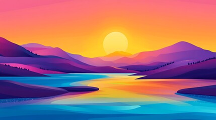 Vibrant Sunset Over Serene Mountain Lake and Colorful Hills