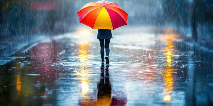 A person walking with a bright umbrella in a steady rain, with puddles and reflections on the ground.