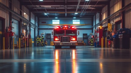 A fire truck with flashing lights inside a well-lit fire station, ready for emergency response.