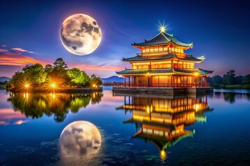 Obraz premium Ancient Temple River Moon Night Double Exposure AI Art