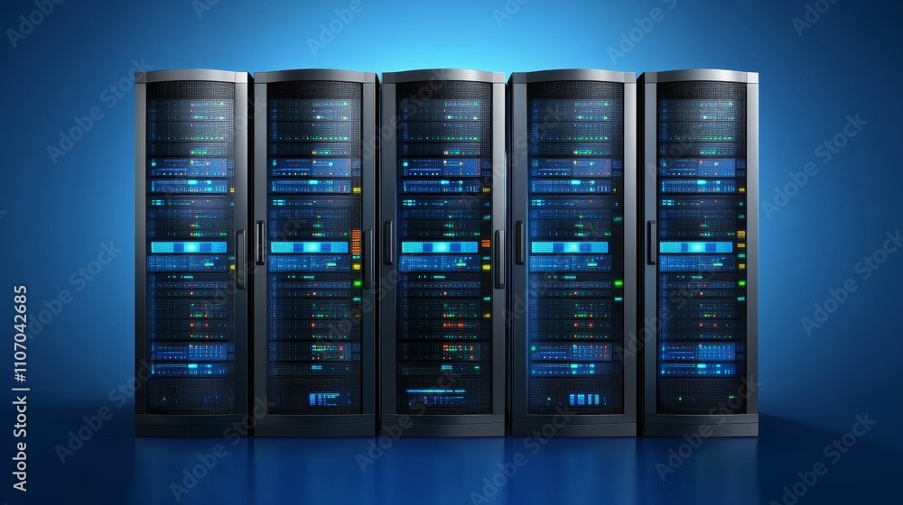 Poster a row of modern server racks displaying blue lights and indicators for data processing.