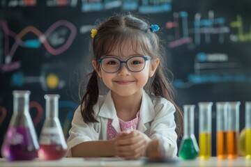 A cheerful young girl in glasses and a lab coat engages in science experiments. Colorful liquids fill several flasks, highlighting her curiosity and enthusiasm for learning