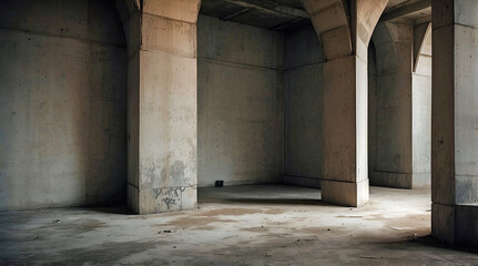 Fototapeta premium Spacious Industrial Room With Massive Concrete Pillars And Arched Supports Featuring Weathered Walls And A Dusty Floor In Subtle Lighting