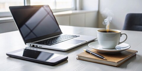 Modern Office Workspace with Laptop, Smartphone, Notebook, Pen, and Coffee on Pure White Background for Creative Mockup Concepts