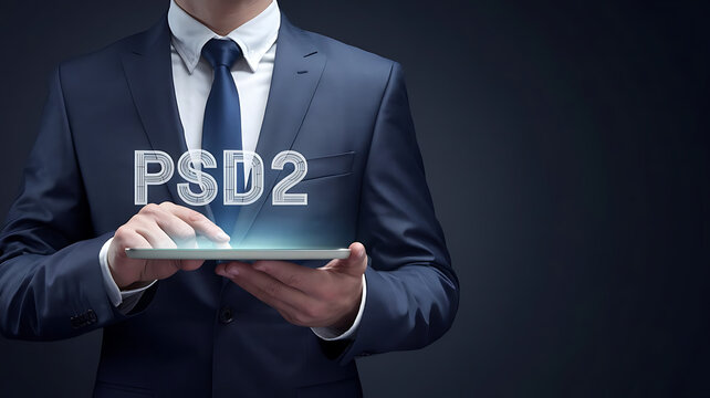 psd2 Concept, Businessman holding a tablet with text psd2, PSD2, payment services directive, open banking, financial technology, 
