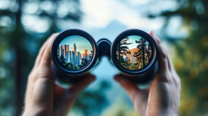 Binoculars view of city and nature symbolizes balance in sustainable business practices.