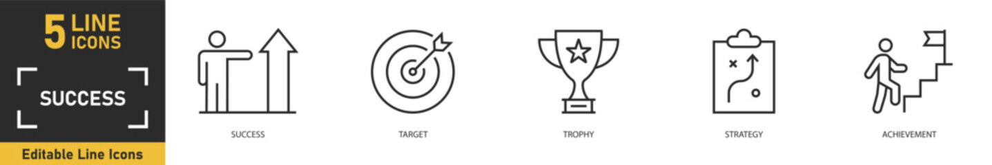 Fototapeta premium Success line icon set. Set of 5 outline icons related to success, target, trophy, strategy, achievement and more. Vector illustration.