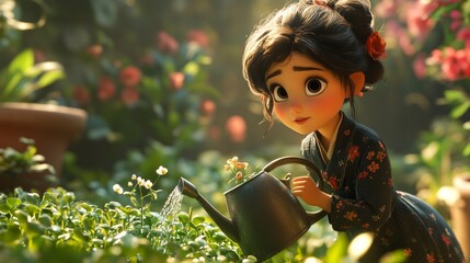 A full shot of a woman watering a sprout with a watering can, AI Generative