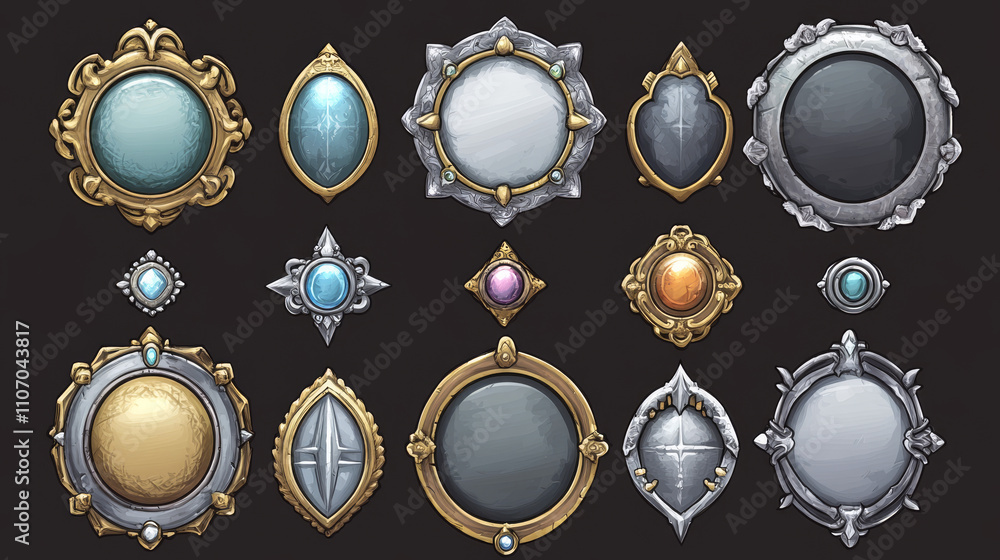 Poster empty circle silver and gold frames in medieval style for game ui design. vector cartoon set of user