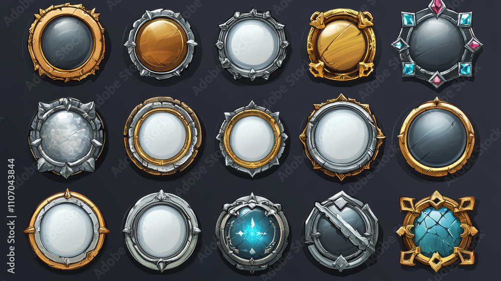 Poster empty circle silver and gold frames in medieval style for game ui design. vector cartoon set of user