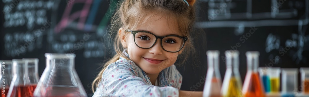 Aufkleber a girl with glasses is joyfully participating in a science class. she sits at a table surrounded by 