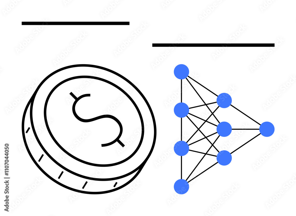 Poster coin with a dollar sign and network of connected blue dots showcasing digital transactions and data 