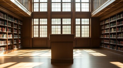 Fototapeta premium A serene library interior featuring wooden shelves, large windows, and a central podium.