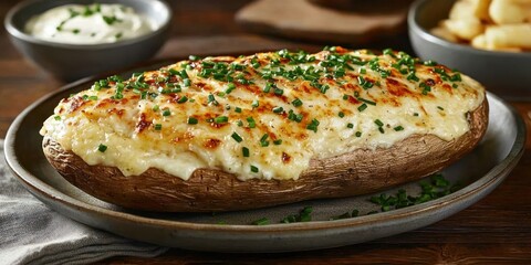 Baked Potato Topped with Cheese and Chives on a Plate