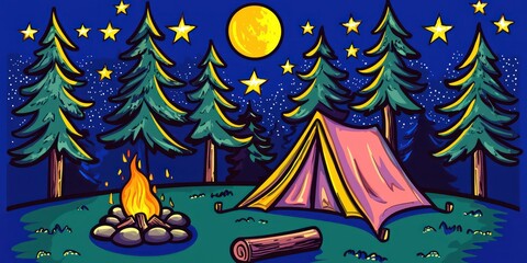 A playful camping vector featuring a tent, campfire, stars, and pine trees, ideal for digital projects.