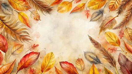 Autumnal Frame of Feathers and Leaves for Seasonal Design