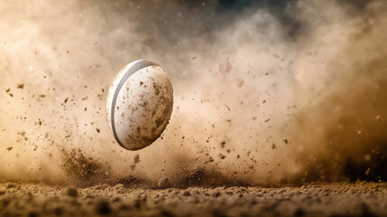 Rugby ball in motion creating a dusty trail on a sports field