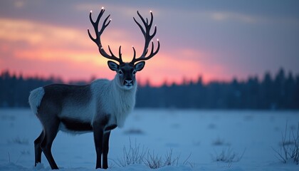 Naklejka premium Majestic reindeer standing in a snowy field with glowing antlers under a twilight sky.