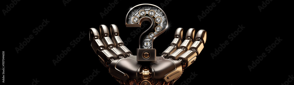 Fototapete closeup, macro photography of a robot hand holding a metallic question mark with metal gears inside,