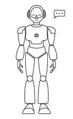 シンプルなアンドロイド型ロボットの全身イラスト（モノクロ）