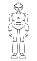 シンプルなアンドロイド型ロボットの全身イラスト（モノクロ）