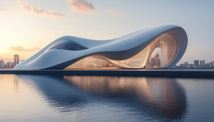 Futuristic White Building with Curved Architecture on Water