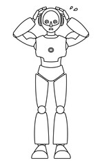 シンプルなアンドロイド型ロボットの全身イラスト（モノクロ）