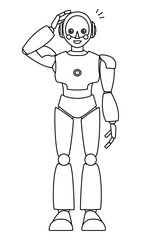 シンプルなアンドロイド型ロボットの全身イラスト（モノクロ）