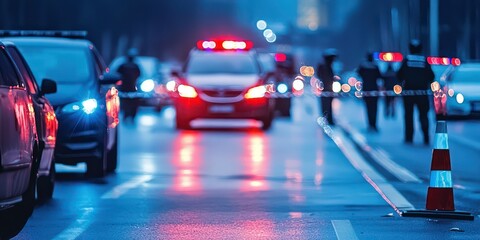 A police roadblock on a city street with flashing lights and officers directing traffic.
